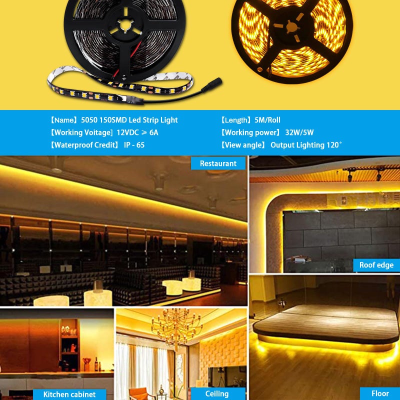 Qoope Yellow 16.4ft LED Strip Lights, Flexible 5M 300SMD Warm White LED Tape Lights, Waterproof 12V Rope Lights for TV Backlight, Cabinet, Kitchen, Cuttable LED Indoor Outdoor Christmas Decoration - Image 2